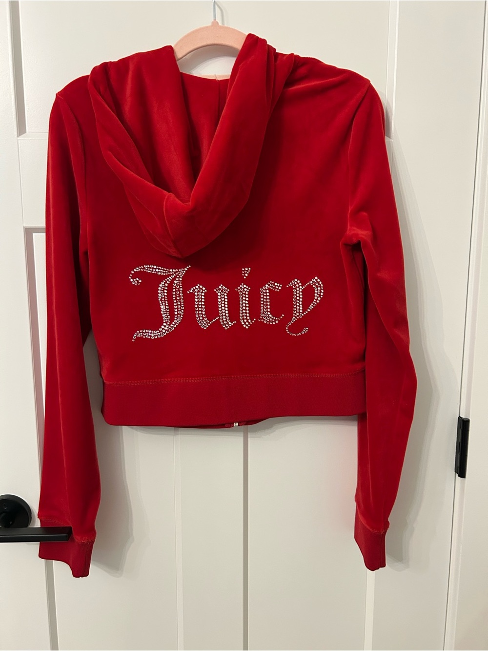 Juicy Couture Red Velour Cropped Zip Hoodie Rhinestone Logo Y2K Size M